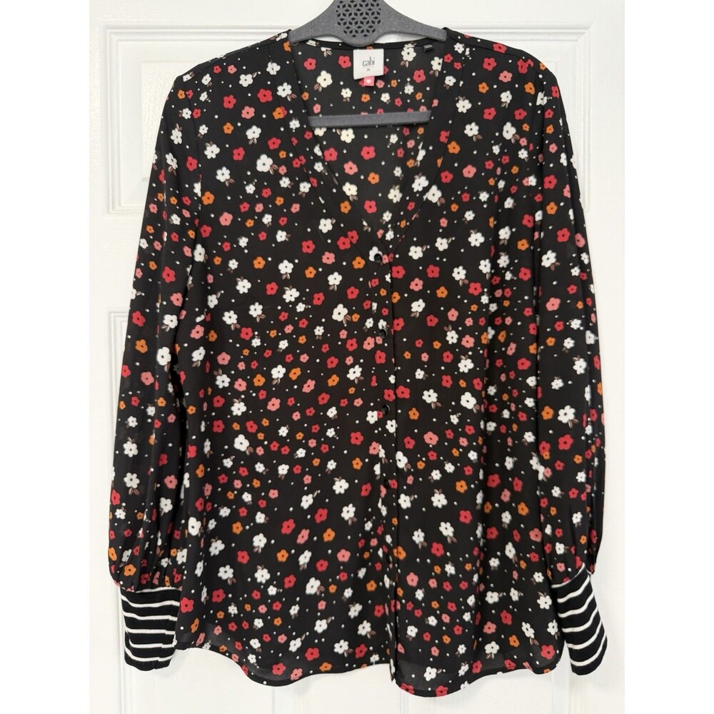 Cabi Cheerful Blouse 3957 Black Floral Print V-Neck LS Striped Cuff Top Sz M